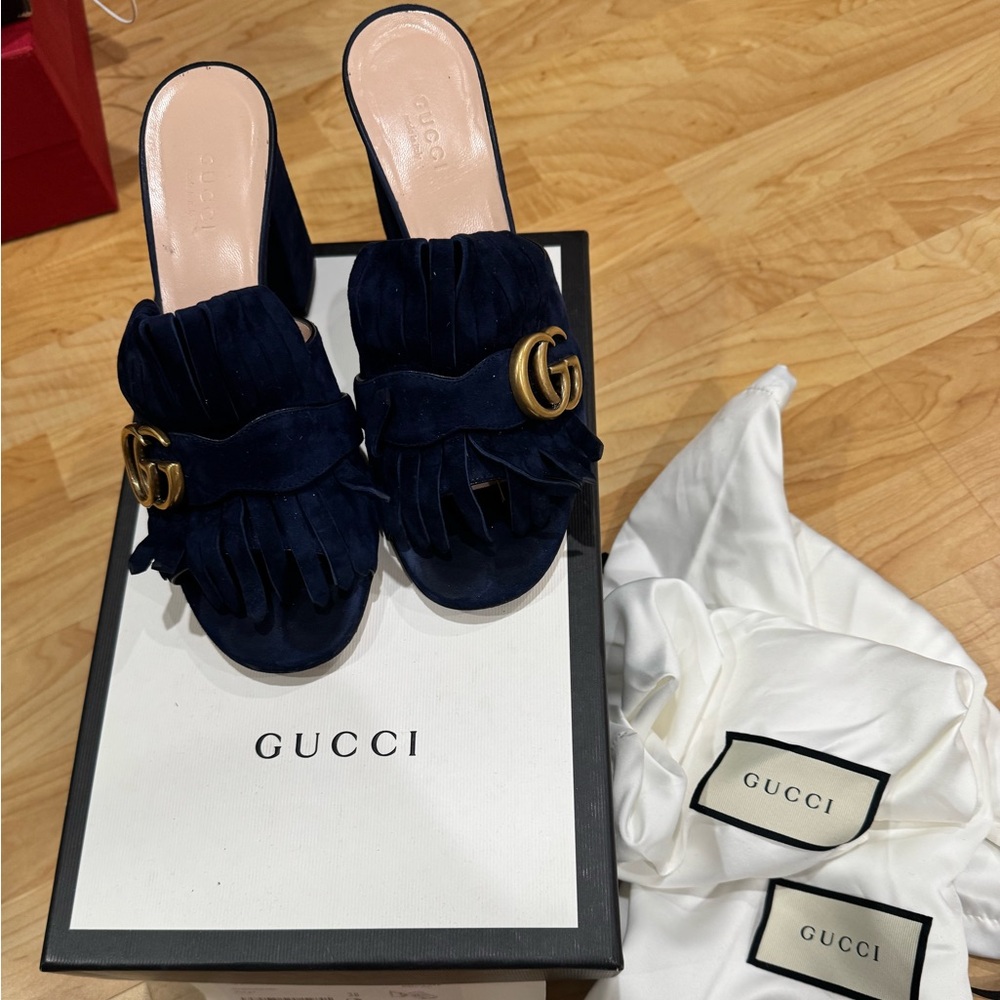 Gucci Women's Dark Blue Fringe Mules with Gold Accent